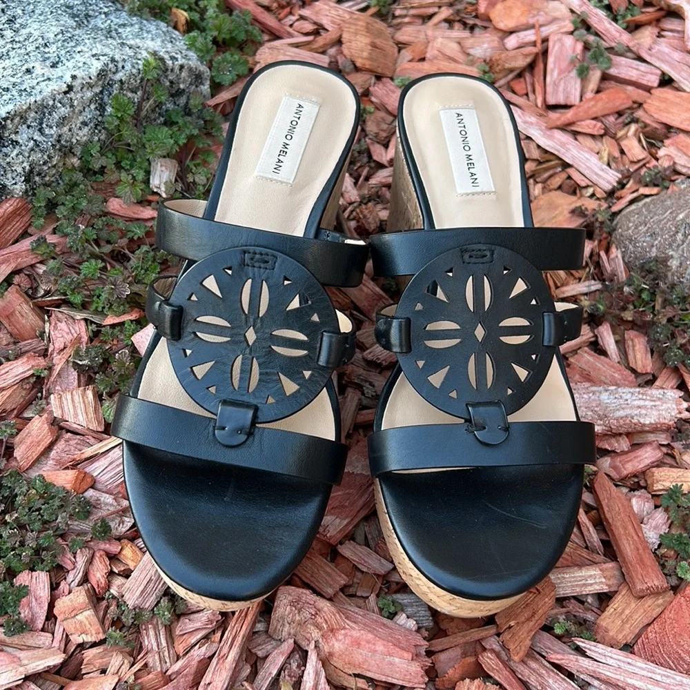 Antonio Melani Women’s size 10 Quinlynn Leather Platform Black Wedge Sandals